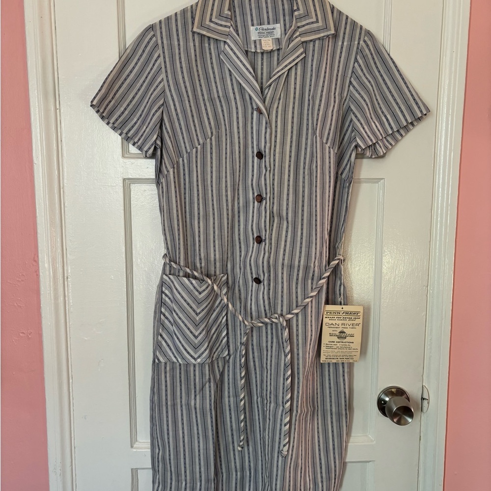 Vintage 70s Deadstock Blue Stripe House Dress